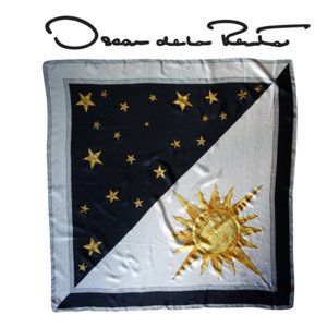 Vintage Oscar De La Renta Silk Scarf (1980's) 35 x 35 - White Black Moon Stars